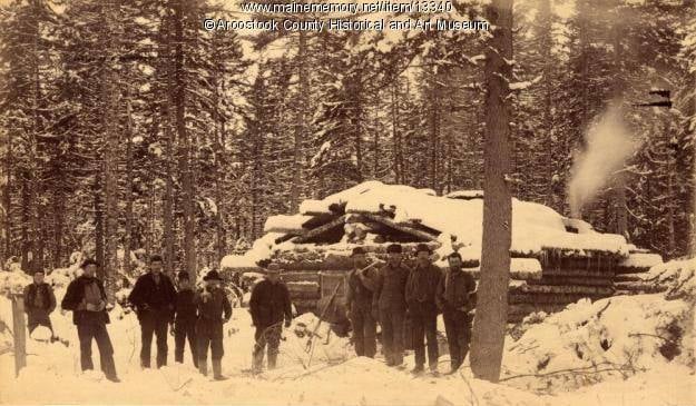 LOGGING CAMP IN AROOSTOOK COUNTY, MAINE.  Circa 1895.  Historically, in Northern Maine  Winter was the prime season for