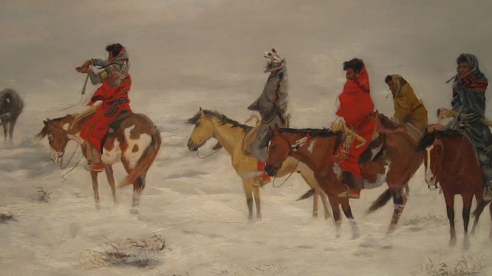 "LOST IN A SNOWSTORM - WE ARE FRIENDS."  Circa 1888.  Oil on canvas by Charles Marion Russell (1864-1926), "American art