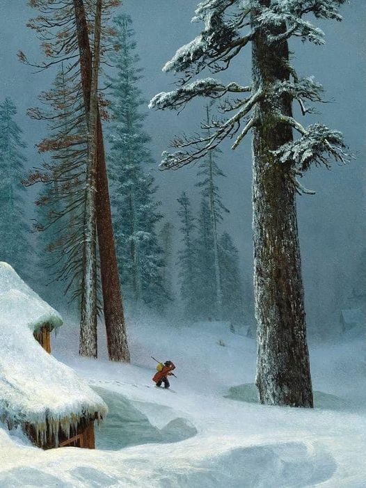 "WINTER, CALIFORNIA."  Circa 1872.  Oil on canvas by American painter Albert Bierstadt (1830-1902).  A native of Germany