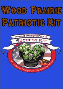 Wood Prairie Patriotic Potato Success Kit artwork on a blue background, with a flowering potato plant in a grow bag.