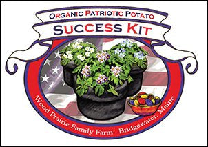 Organic Patriotic Potato Success Kit logo showing a flowering potato plant in a grow bag, with an American flag backdrop.