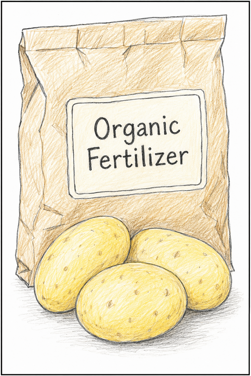 Bag of organic fertilizer with potatoes on a white background